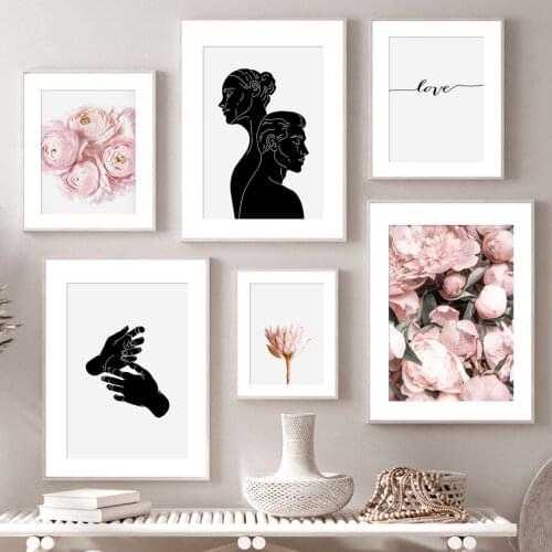 Abstract Black Woman Man Hand Peony Lotus Flower Art Canvas Painting Nordic Posters And Prints Wall Pictures For Living Room