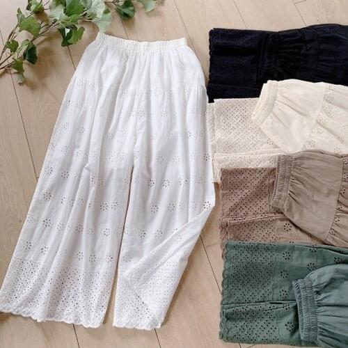 Summer Womens Cotton and Linen Wide-Leg Pants Elastic Waist Flower Embroidery Lace Hollow Casual Trousers