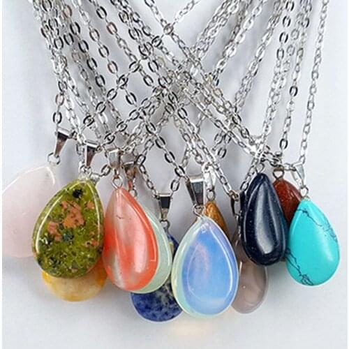 11 Colors Natural Semi-precious Stone Necklace Water Drop Shape Jade Rose Quartz O Chain Stone 28x16mm Pendants Birthday Gift