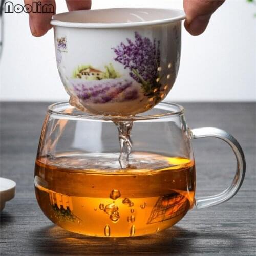High Borosilicate Glass Teacups with Ceramic Liner Heat Resistant Tea Water Separation Cup Strainer Coffee Mug Drinkware 300ML
