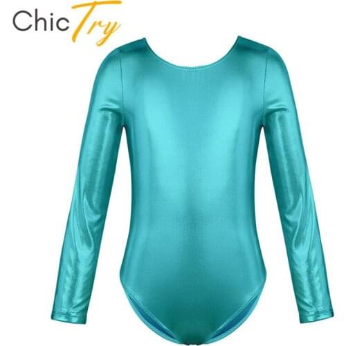 ChicTry Children Long Sleeve Ballet Leotard Girls Shiny Solid Color Gymnastics Leotard Sports Bodysuit Kids Stage Dance Costume