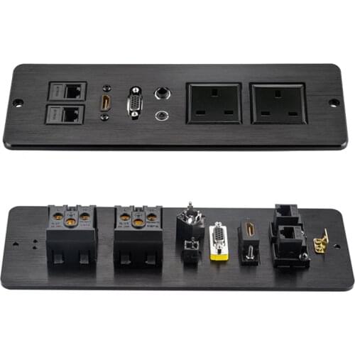 Office Furniture Desktop Power Socket Aluminum Alloy Panel with 2AC Socket 6.35+3.5 Audio+HDMI+VGA+Dual Network Conversion Port