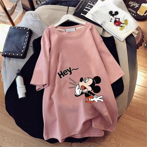 Disney T-shirts for Women Hey Mickey Mouse Print Summer Graphic Casual Female Clothes Tops Tee Korean Style Lady Fashion T-shirt