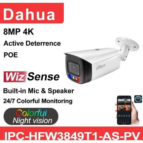 Dahua 8MP IP Camera Full-Color WizSense Active Deterrence IPC-HFW3849T1-AS-PV Built-in Mic Audio SD card Starlight POE Bullet