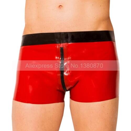 Red and Black Rubber Latex Man Panties Shorts with Crotch Zip S-LPM074