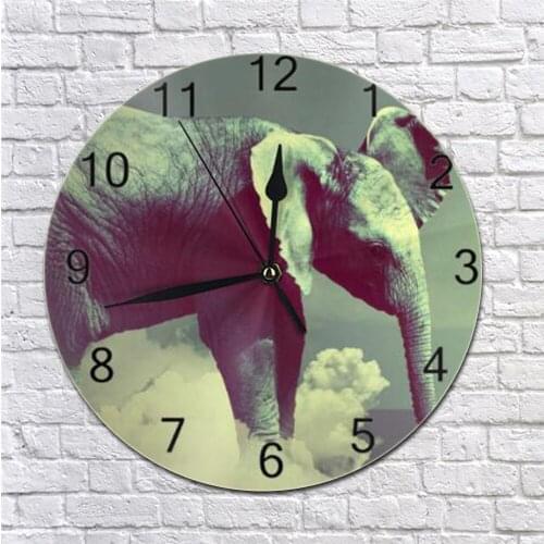 Round Wall-Clock Elephant Animal Numeral Digital Dial Mute Silent Non-Ticking Battery Operated Clock Art for Living Room Bedroom