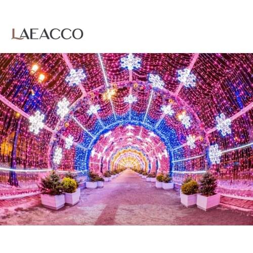 Laeacco Merry Christmas Happy New Year Light Bulb Tunnel Flowers Corridor Celebration Scenic Photo Background Photo Backdrop