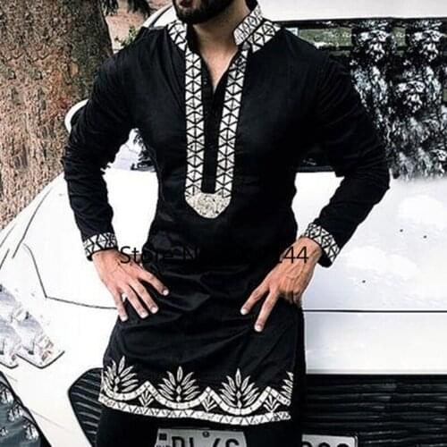 2021 Mens T-shirt African Dashiki Patchwork Print Top Fall Fashion Mid-length Mens Plus Size Muslim Black Long Sleeve Shirt