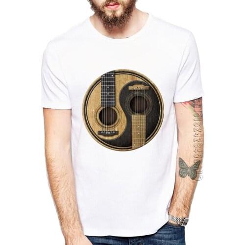 New Summer Style Yin Yang Cool T-shirt Funny Old and Worn Acoustic Guitars T Shirt Men 100% Cotton Top Tees