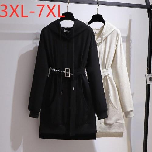 New Ladies Autumn Winter Plus Size Hoodie For Women Large Long Sleeve Black Cotton Belt Long Sweatshirt Coat 3XL 4XL 5XL 6XL 7XL