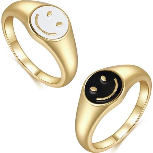 New Ins Colorful Cute Smiley Ring Temperament brass Real Gold Plated Smiley Rings For Women Girls Fashion Jewelry Gift