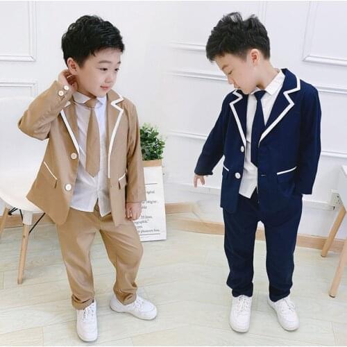 Boys Preppy Style Jacket+Pants+Tie 3Pcs Clothing Set Korea Gentle Kids Formal Wedding Suit Children School Uniforms Party Dress