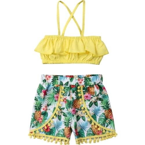 1-7T Toddler Baby Girl Clothes Ruffle Sleeveless TShirt Tops + Floral Shorts Holiday Outfits Clothes Set