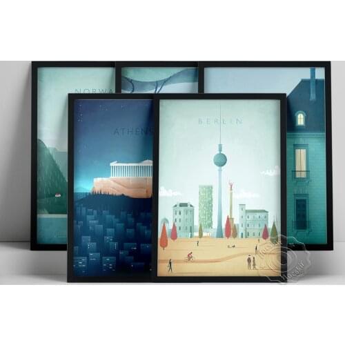 Vintage World Travel Poster, Minimalist Landscape Prints, Norway Sydney Paris Athens Berlin Scenery Wall Picture, Nordic Decor
