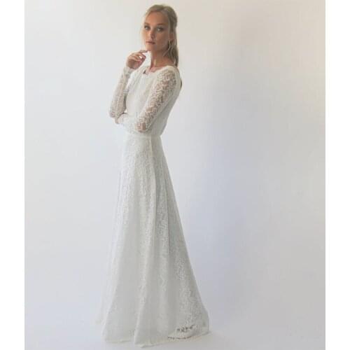 Boat Neck Lace Long Sleeve A-Line Simple Wedding Dress 2021 Vestido De Noiva Bridal Gown