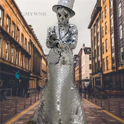 Q18 Female stage dance costumes singer silver mirror dress robot suit perform bar mirror glasses model wear party hats dj outfit