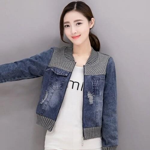 O-Neck Slim Zipper Female Short Jean Jacket Knit Denim Patchwork Women Coat Elegant Fashion Autumn Cardigan Ladies Outerwear