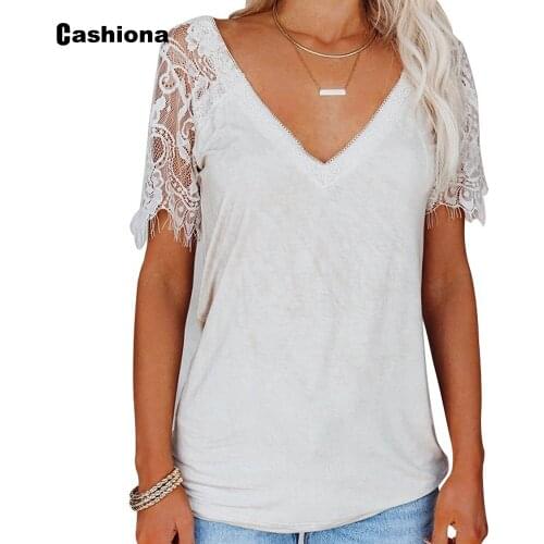 Cashiona Women Tops Clothing 2021 Summer New Patchwork Lace T-shirt Hollow Out Ladies V-neck Tees Loose Casual Pullovers Femme