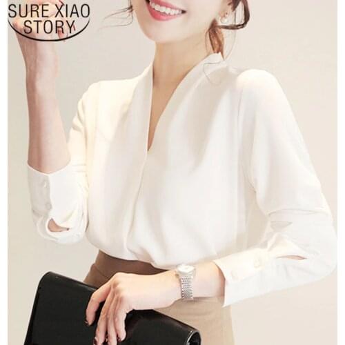 Casual spring 2021 New Solid Korean Chiffon Women Tops Long Sleeve V-neck Elegant Women Blouses Loose Women Clothing 6077 50