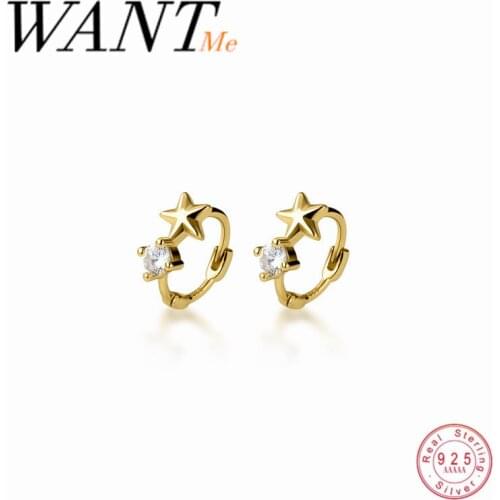 WANTME Genuine 925 Sterling Silver Round Pave Zircon Star Ear Buckle for Fashion Women Korean Chic Teen Party Earrings Jewelry