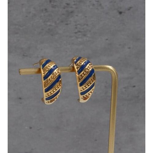 2021 Summer New Stainless Steel 18K Gold Plated Vintage Gold Statement Earring Blue Enamel Croissant Earrings For Women
