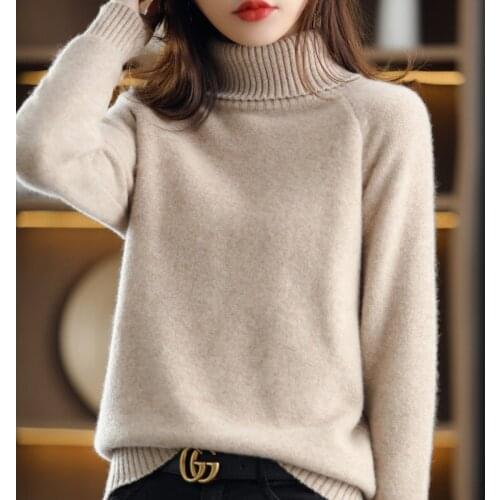 Cashmere sweater womens autumn winter New 100% Wool High Neck thick solid color Sweater loose knit all-match Pullover Female