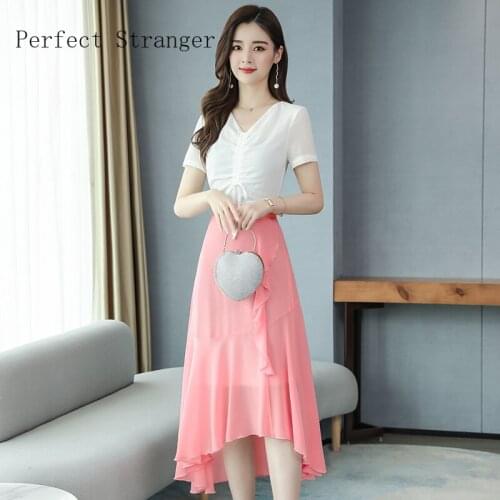 2020 Summer New Arrival high Quality Popular V Colla Color Block Short Sleeve Women Chiffon Trumpet Long Dress
