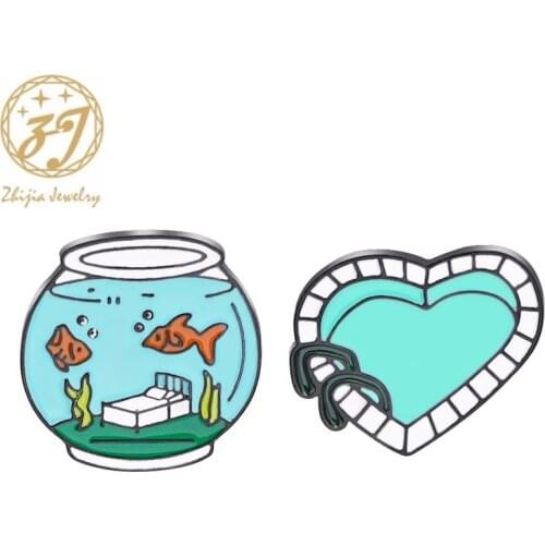 Zhijia Fashion Fish Tank Bed Goldfish Heart Swimming Pool Blue Cute Pins Brooches Enamel Suit Skirt Accessories Gifts