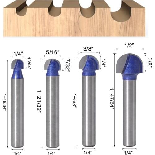 4 Pieces 1/4" 6.35mm Shank Level Ball Nose Router Bits Set End Mill Round Cove Box CNC Radius Core Core Milling Bit