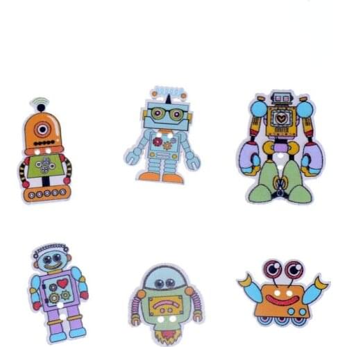 Free shipping 50 Random Mixed Lovely Robot Style 2 Holes Wood Painting Sewing Buttons Scrapbooking F0906