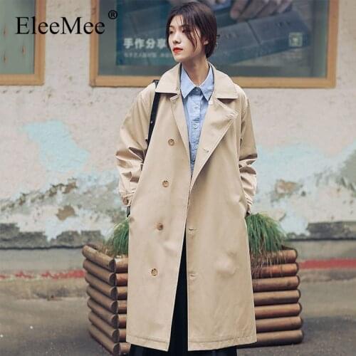 EleeMee Classic Trench Coat For Women Turndown Collar Long Solid Color Fashion Ol Chic Belt Slim Fashion Windbreaker Free Size
