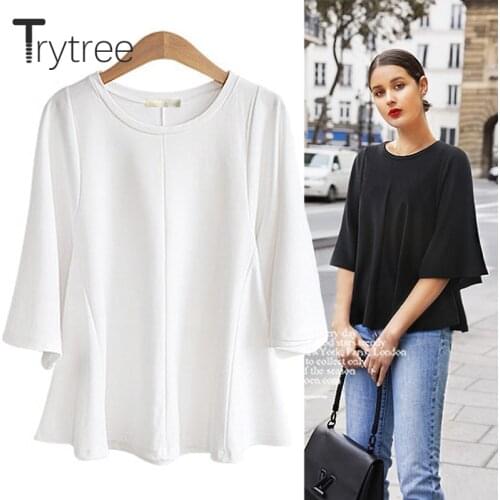 Trytree Spring Summer T shirt top Women t-shirt Casual Polyester shirt Solid Flare Sleeve Tops clothes Casual O-neck tshirt