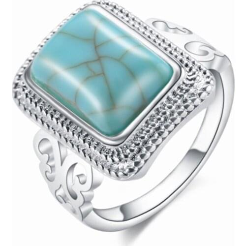 FYJS Unique Stainless Steel Rectangle Shape Green Turquoises Stone Finger Ring Inspiration Jewelry