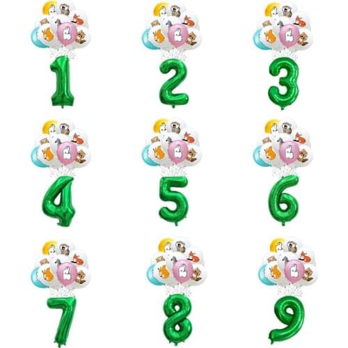 32 inch Green Rainbow Number Helium Balloons With 12inch Animal Latex Balloons Set Childrens Birthday Party Decorations