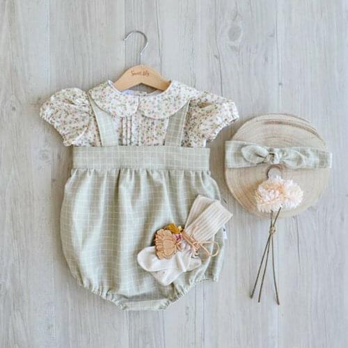 Baby Girls Outfits Short Sleeve Bodysuit Patchwork Peter pan Collar Jumpsuit Bowknot Headband