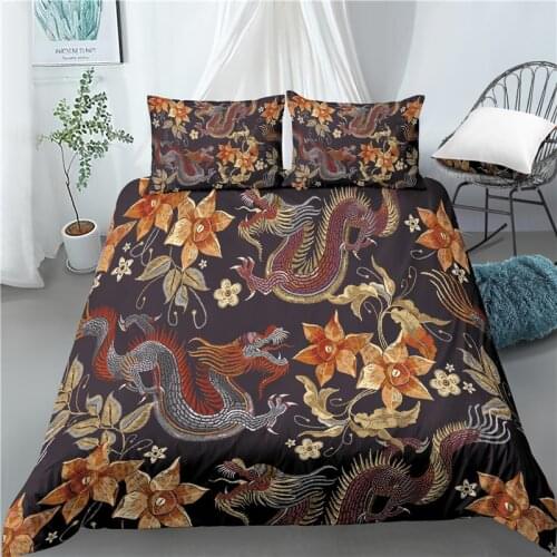 Home Living Luxury 3D Flower Dragon Print 2/3Pcs Comfortable Duvet Cover PillowCase Bedding Sets Queen and King AU/EU/US Size
