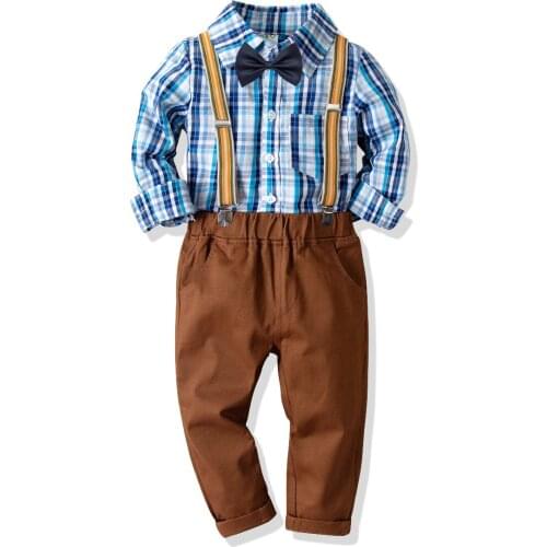 Oklady 2019 Baby Boys Clothing Sets Gentleman Childrens Long Blue Plaid Bow Tie Shirts Overalls Pants For 2-8Years Kids Clothes