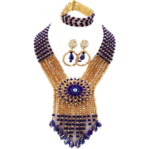 Royal Blue Champagne Gold AB African Beads Jewelry Set Crystal Beaded Necklace Nigerian Wedding Party Jewelry Sets 6SDLS02