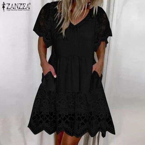 Summer Elegant Lace Sundress Women Casual V Neck Hollow Crochet Dress ZANZEA Vintage Short Sleeve Mesh Patchwork Holiday Vestido