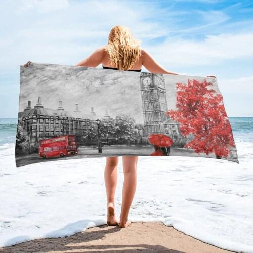 London Red Umbrella Bus Tree Oil Painting Bath Towel Microfiber Beach Towel Bathroom Supplies Bath Towels for Adults