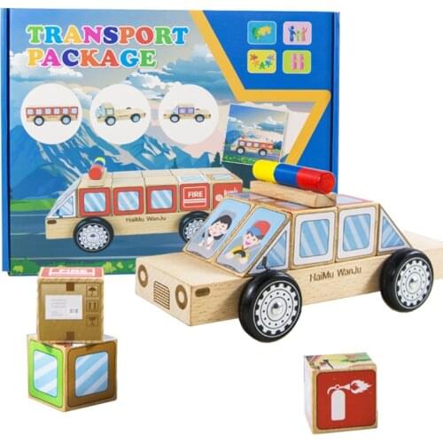 Cartoon Car Building Blocks Baby Wooden Toy Cartoons Deformation Car Education 3D Puzzle Jigsaw Toy Logical Thinking Imagination