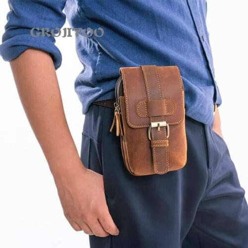 GROJITOO Mens leather waist bag multi functional top leather wallet casual Mini crazy horse leather bag vintage mobile phone