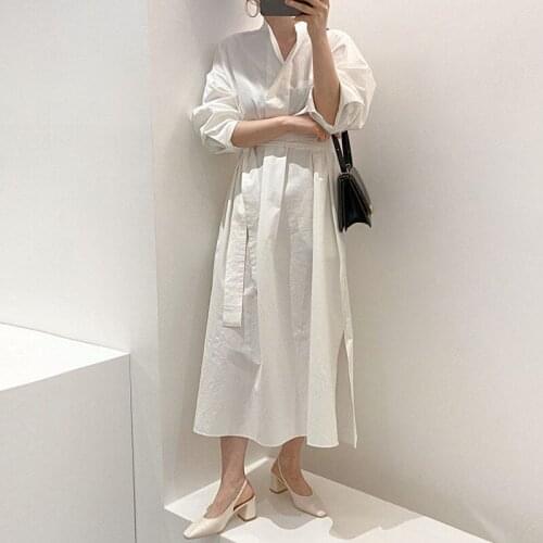White Long Sleeve Dresses For Women 2021 Lapel Collar High Waist Loose Midi Dress Female Summer Clothing Korean Fashion X716