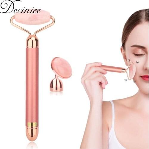 Electric Vibrating Natural Rose Quartz Jade Roller Face Lifting Real Genuine Jade Stone Facial Massager Roller Energy Beauty Bar