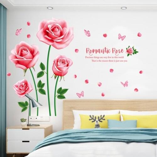 Romantic Pink Rose Flower Wall Stickers Living Room Wall Art Decoration Vinyl Decals Wedding Bedroom Decor