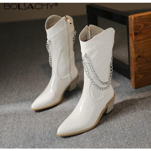 Women Calf boots Boots Western Cowboy Boots Patent leather For Women Winter Boots Chain Zip Pointed Toe Cowgirl Booties Mujer