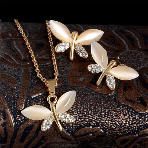 SHUANGR Natural Stone Butterfly Jewelry Sets For Women Gold-color Chain Champagne Pendant Necklace Earrings bijoux femme