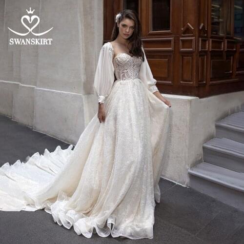 Wedding Dress Romantic Beaded 2 In 1 Sleeve A-Line SwanSarah DY08 Fairy Appliques Princess Illusion Bride Gown Vestido De Noiva
