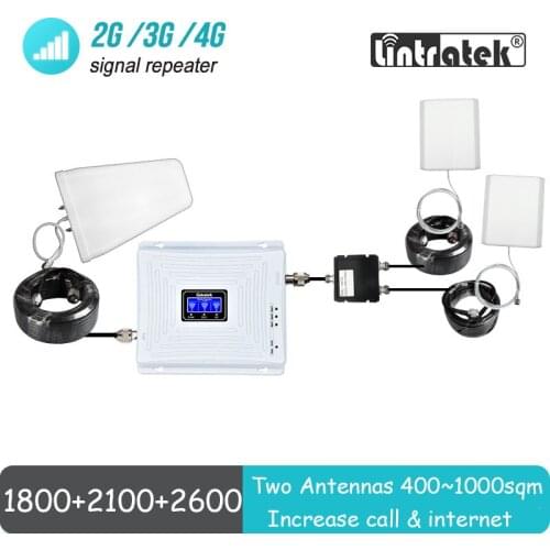 Mobile Network Signal Booster with Two Antennas Lintratek Big Cover Tri Band 1800 UMTS 2100 4G 2600 Repeater Amplifier Set