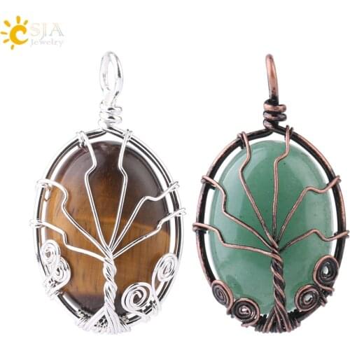 CSJA Vintage Wire Wrap Tree of Life Pendant Natural Stone Oval Cabochons Bead Reiki Pendants for Necklace Women Men Jewelry F785
